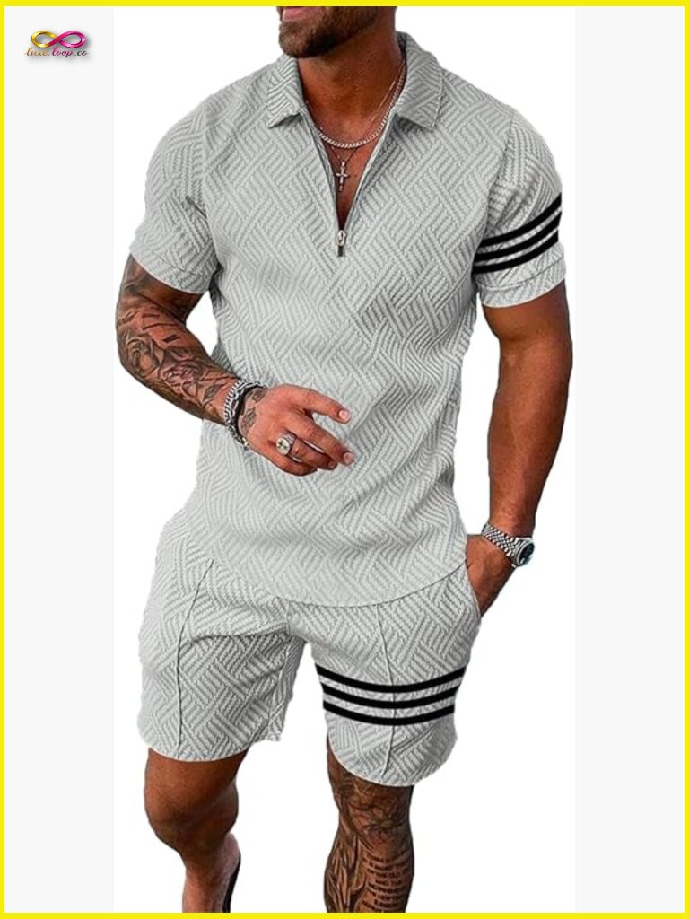 Mens 2 Piece Track Suit Set Polo Short Sleeve Summer Outfit Athletic Casual